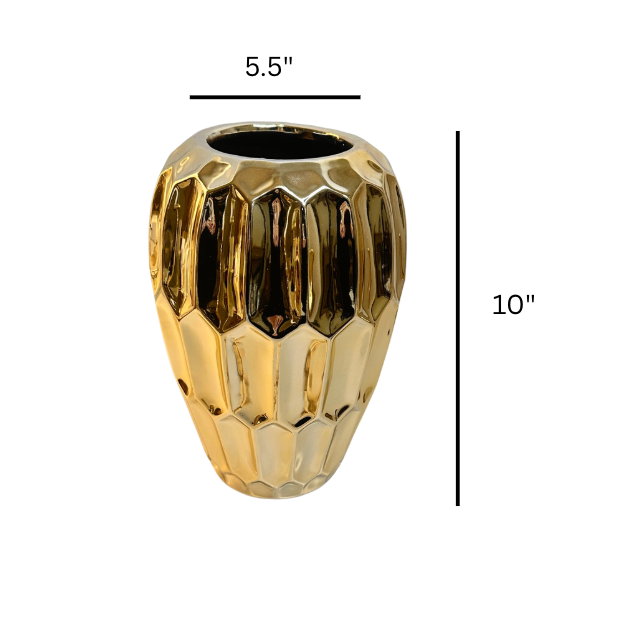 Elegant Gold Ceramic Decorative Vase, Modern Geometric Pattern, 10 Inch Tall, Metallic Finish