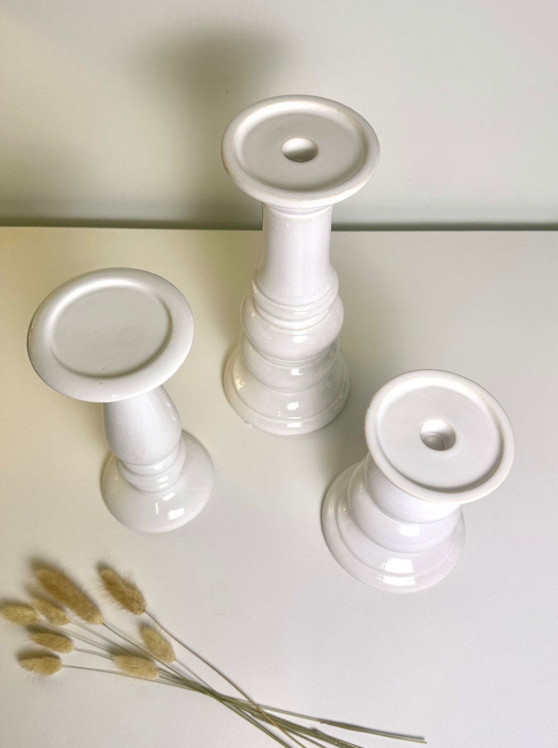 Set of 3 // Modern Ceramic White Candle Holders (tall 7", medium 6", small 5")