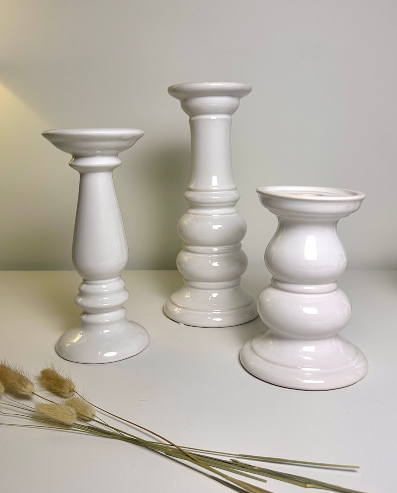 Set of 3 // Modern Ceramic White Candle Holders (tall 7", medium 6", small 5")