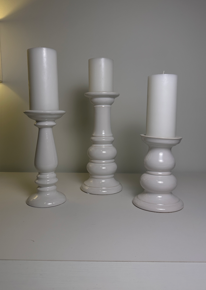 Set of 3 // Modern Ceramic White Candle Holders (tall 7", medium 6", small 5")