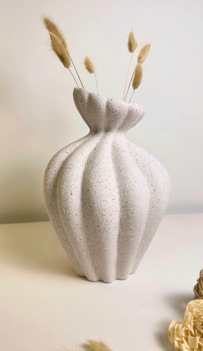 Stone Flower Vase with Stripes - Sand 10"