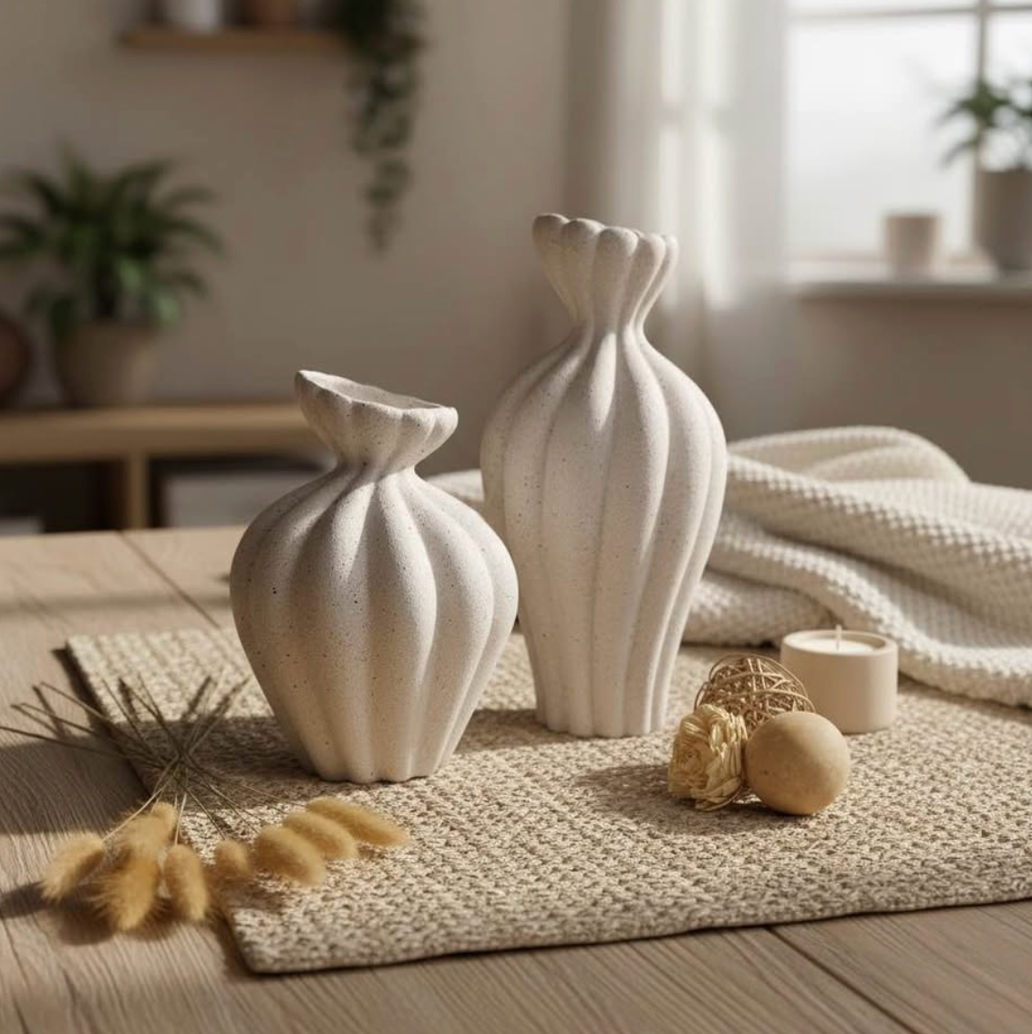 Stone Flower Vase with Stripes - Sand 10"