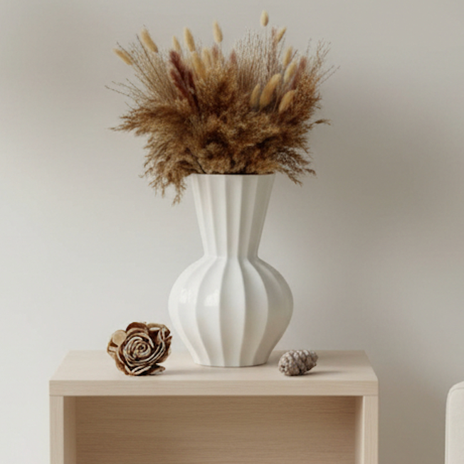 French Contemporary White Ribbed Ceramic Vase 11.5"