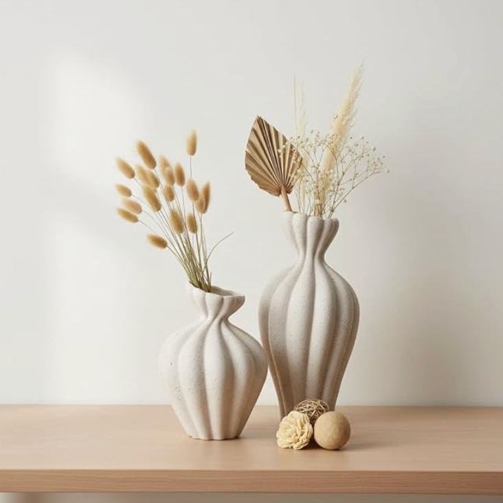Stone Flower Vase with Stripes - Sand 14"