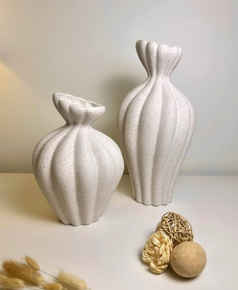 Stone Flower Vase with Stripes - Sand 14"