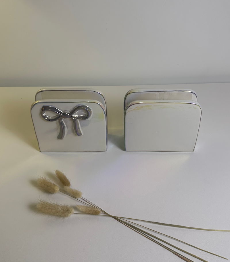 Napkin Holder Bow Iridescent White Color 6x5x2.5"