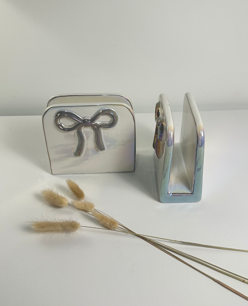 Napkin Holder Bow Iridescent White Color 6x5x2.5"