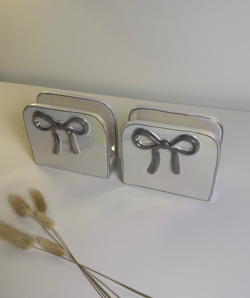 Napkin Holder Bow Iridescent White Color 6x5x2.5"
