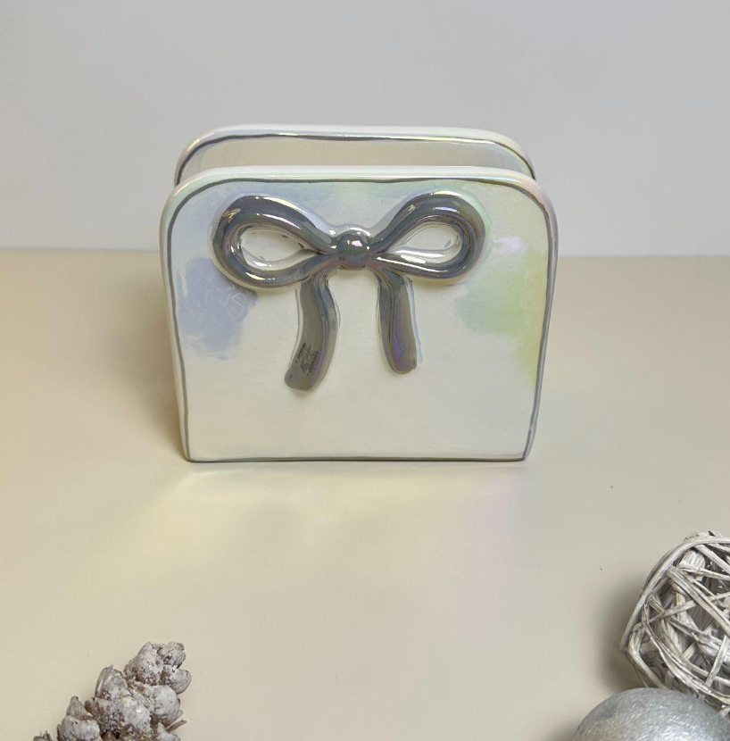 Napkin Holder Bow Iridescent White Color 6x5x2.5"