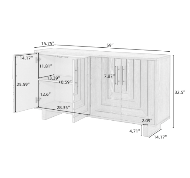 Modern sideboard, 59''×15.75''×32.5'' storage cabinet with 4 doors, MDF and ash veneer, with metal handles, black finish, suitable for dining/living room storage