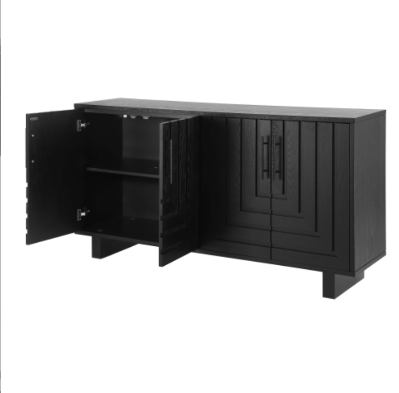 Modern sideboard, 59''×15.75''×32.5'' storage cabinet with 4 doors, MDF and ash veneer, with metal handles, black finish, suitable for dining/living room storage