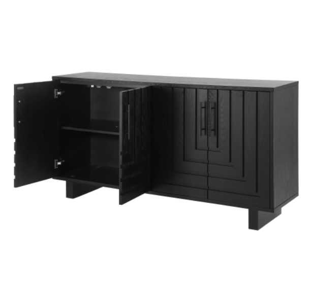 Modern sideboard, 59''×15.75''×32.5'' storage cabinet with 4 doors, MDF and ash veneer, with metal handles, black finish, suitable for dining/living room storage