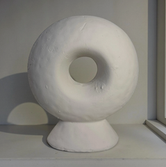 Abstract sculpture made of stone, white donut-shaped vase 13"