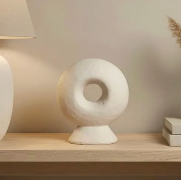 Abstract sculpture made of stone, white donut-shaped vase 13"