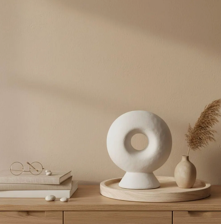 Abstract sculpture made of stone, white donut-shaped vase 13"