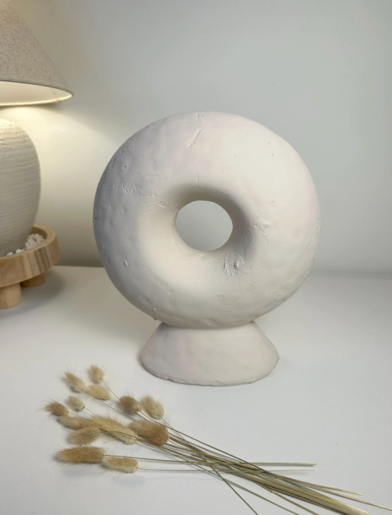 Abstract sculpture made of stone, white donut-shaped vase 13"