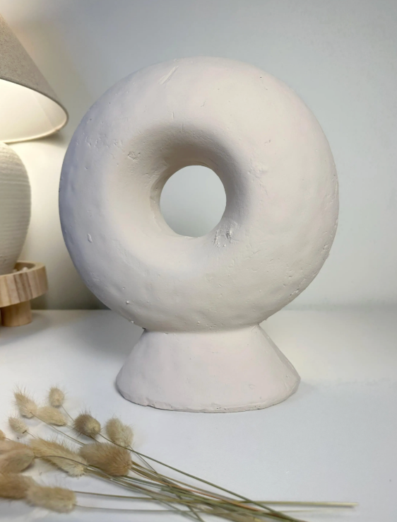 Abstract sculpture made of stone, white donut-shaped vase 13"