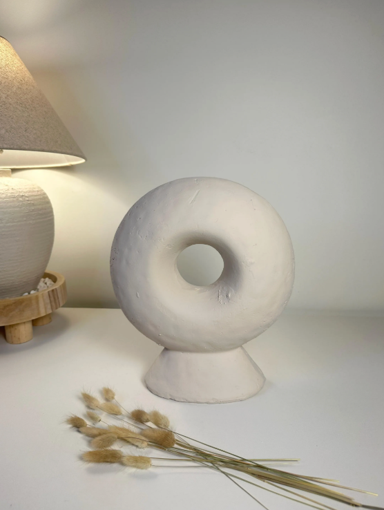 Abstract sculpture made of stone, white donut-shaped vase 13"