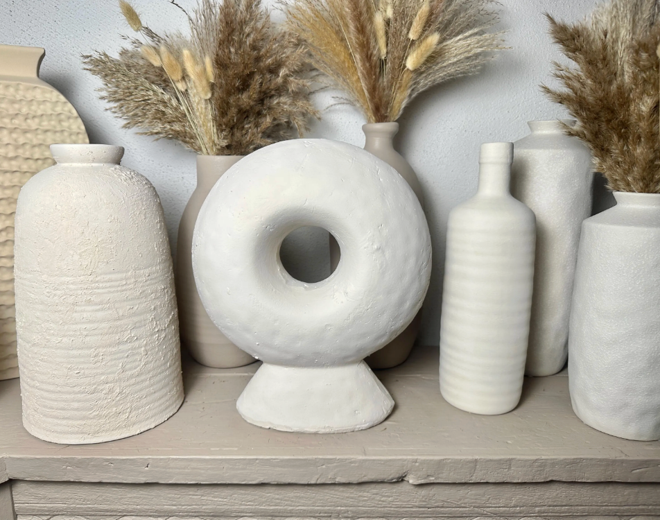 Abstract sculpture made of stone, white donut-shaped vase 13"