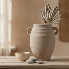 Minimalist Ceramic Textured Vase with 2 handles 9" tall - Tan