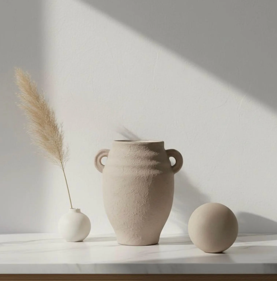 Minimalist Ceramic Textured Vase with 2 handles 9" tall - Tan