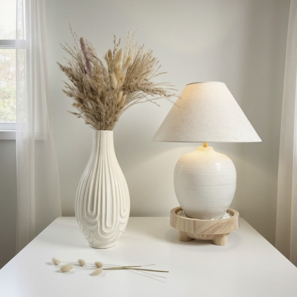 Contemporary Ceramic Ribbed Arc Vase 14"- White