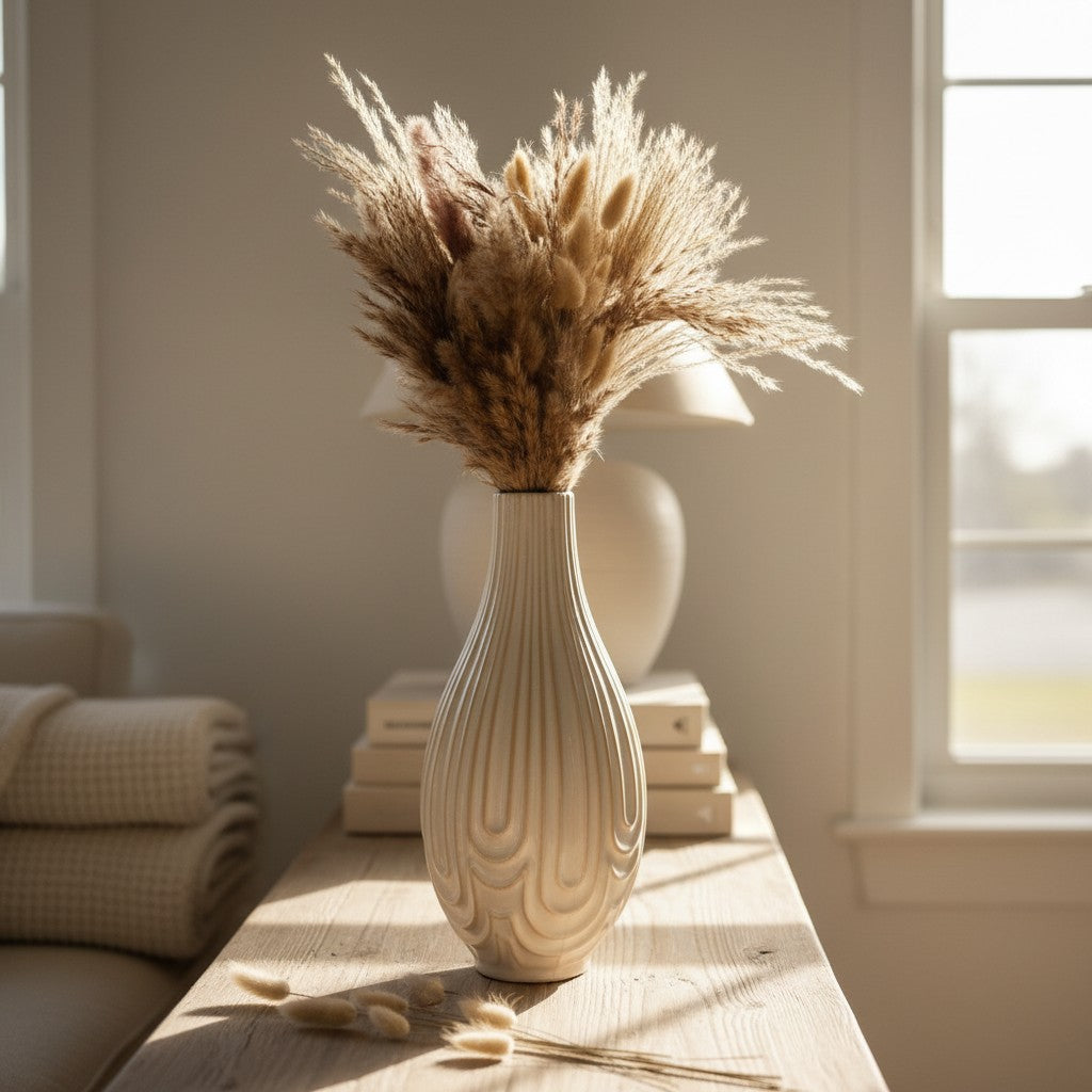 Contemporary Ceramic Ribbed Arc Vase 14"- White
