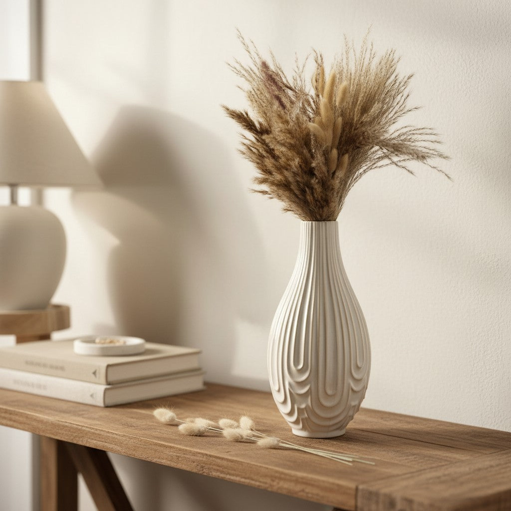 Contemporary Ceramic Ribbed Arc Vase 14"- White