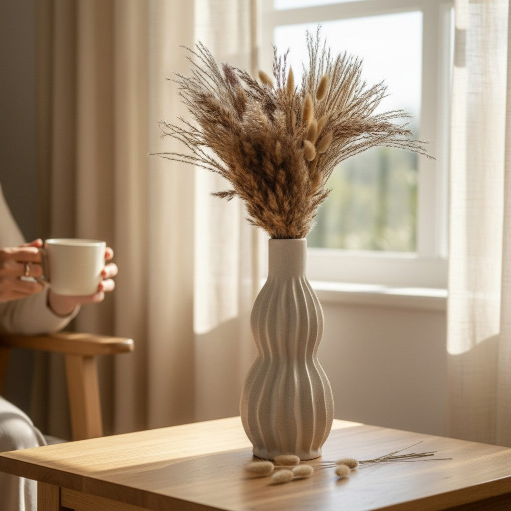 Minimalist Modern Ceramic Stripes Vase - White 14"