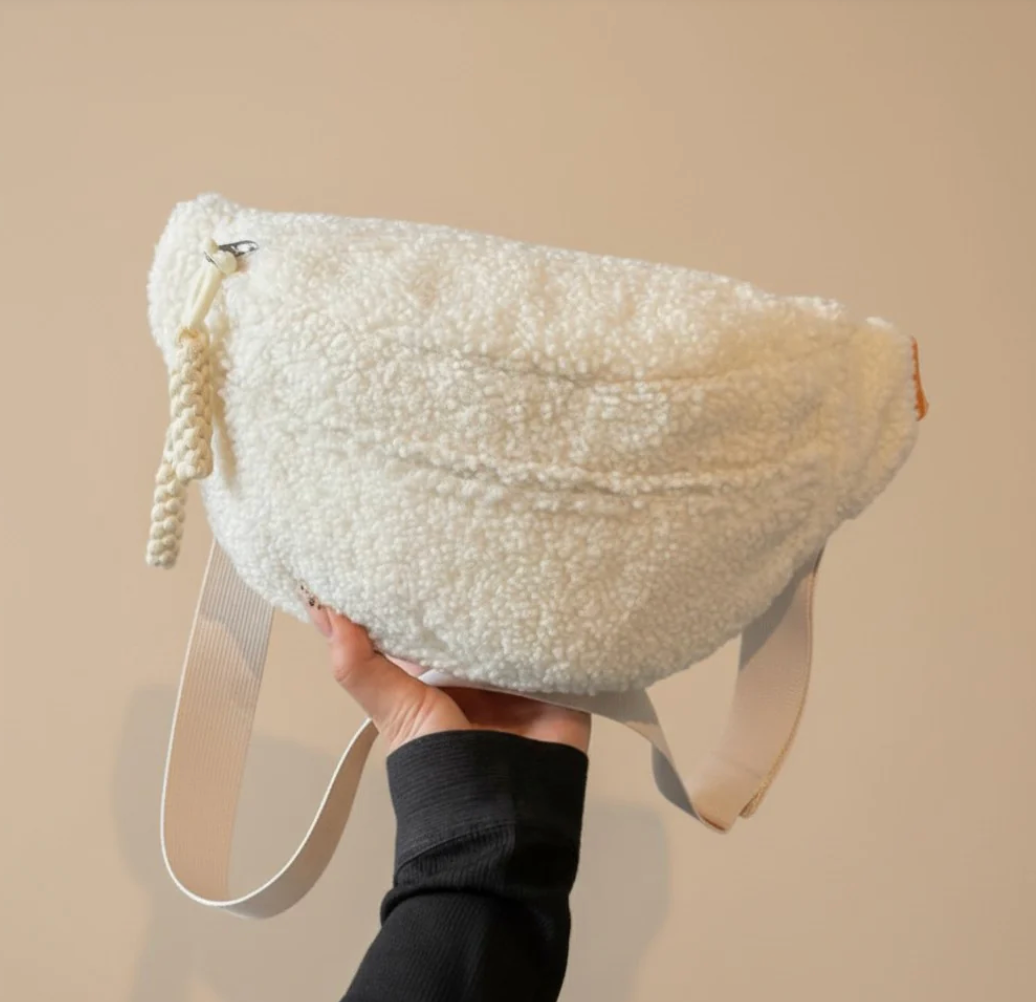 "Mommy-On-The-Go" Sherpa Crossbody Bag with Adjustable Strap, Beige