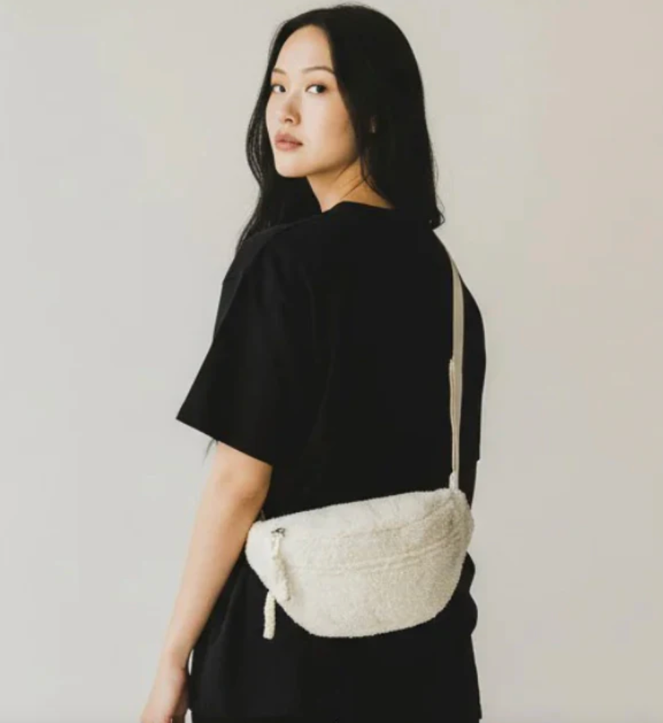 "Mommy-On-The-Go" Sherpa Crossbody Bag with Adjustable Strap, Beige