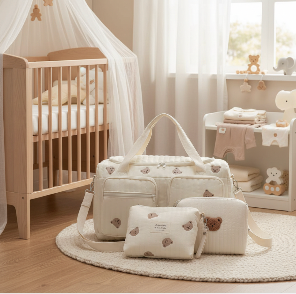 Set of 3 (DUFFEL BAG + POUCH 1 BAG + POUCH FULL BEARS) - BABY BAG ESSENTIALS