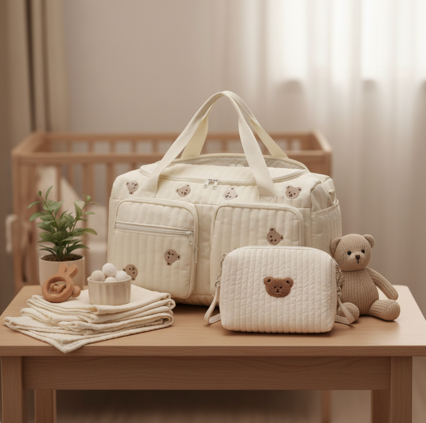 Set of 2 (DUFFEL BAG + POUCH 1 BEAR) - BABY BAG ESSENTIALS