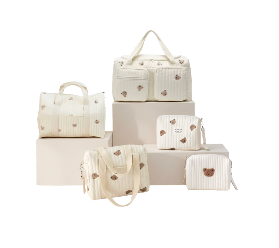 Set of 5 (DUFFEL BAG + TRAVEL BAG + STROLLER BAG + POUCH 1 BEAR + POUCH FULL BEARS) - Cream