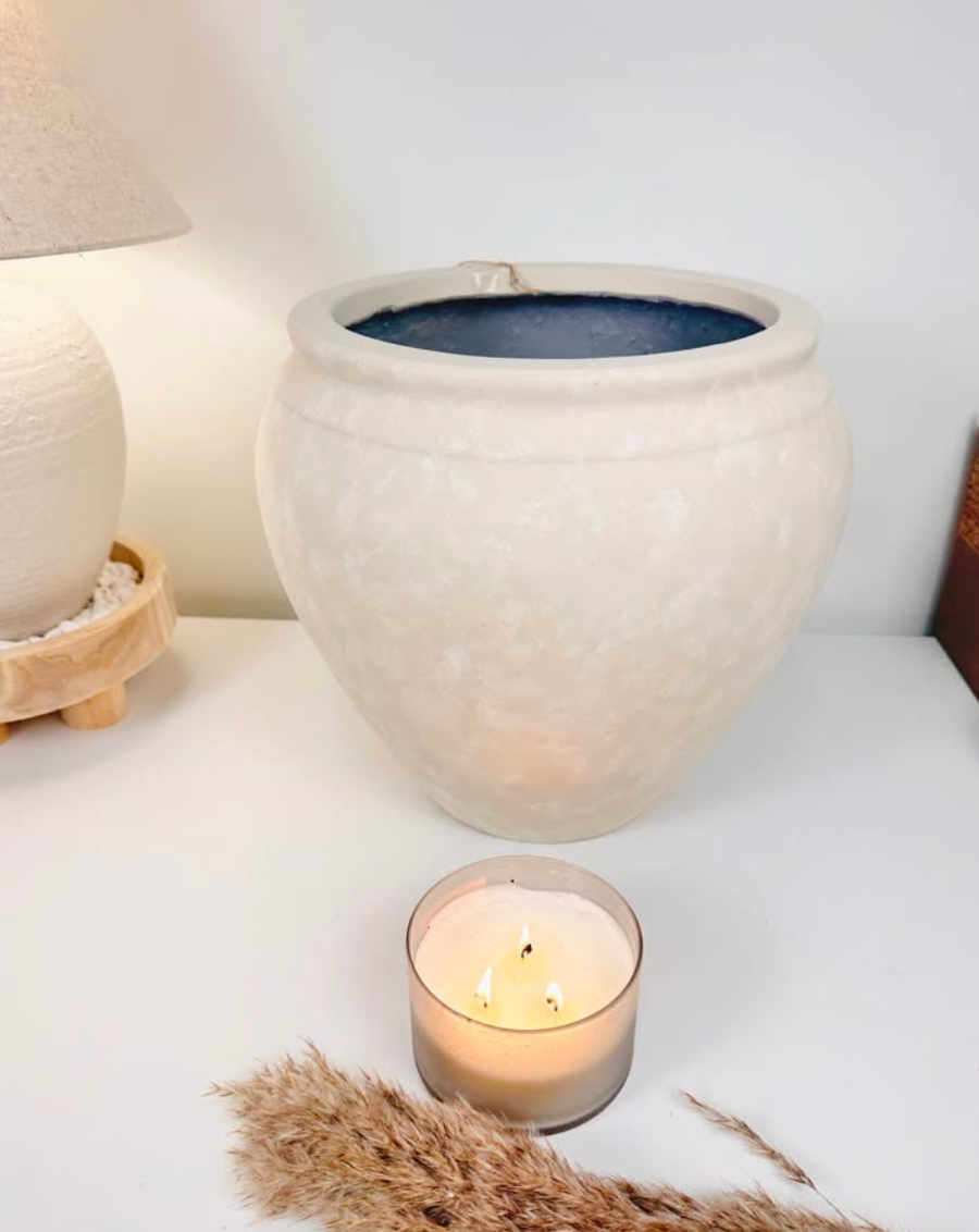 Hand-painted Round Planter French Style Linen Beige Washed 13” Tall