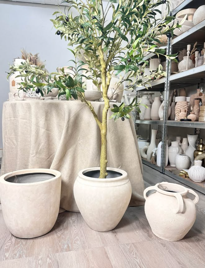 Hand-painted Round Planter French Style Linen Beige Washed 13” Tall