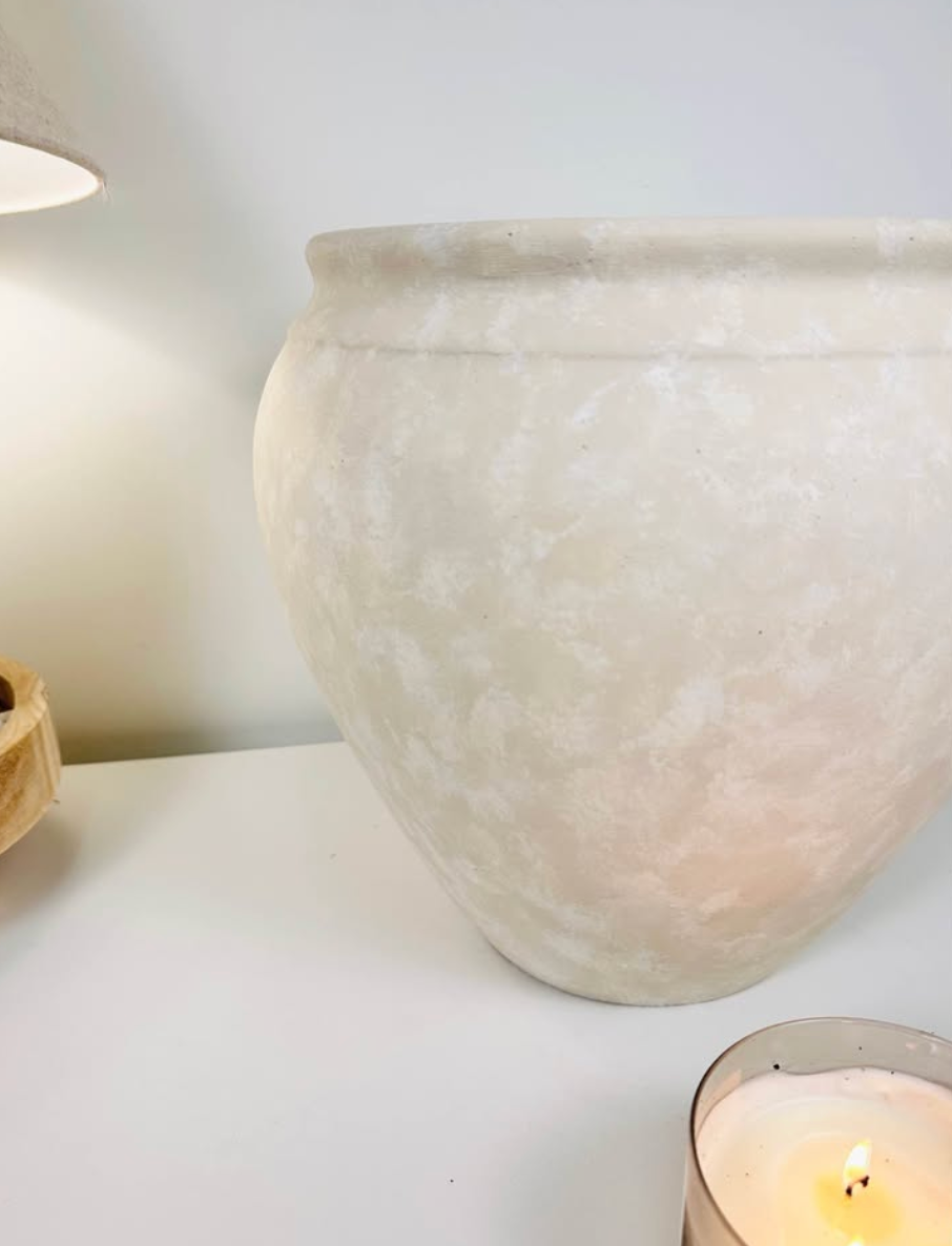 Hand-painted Round Planter French Style Linen Beige Washed 13” Tall