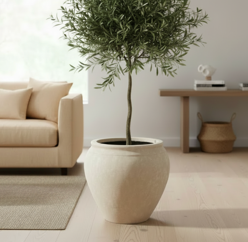Hand-painted Round Planter French Style Linen Beige Washed 13” Tall
