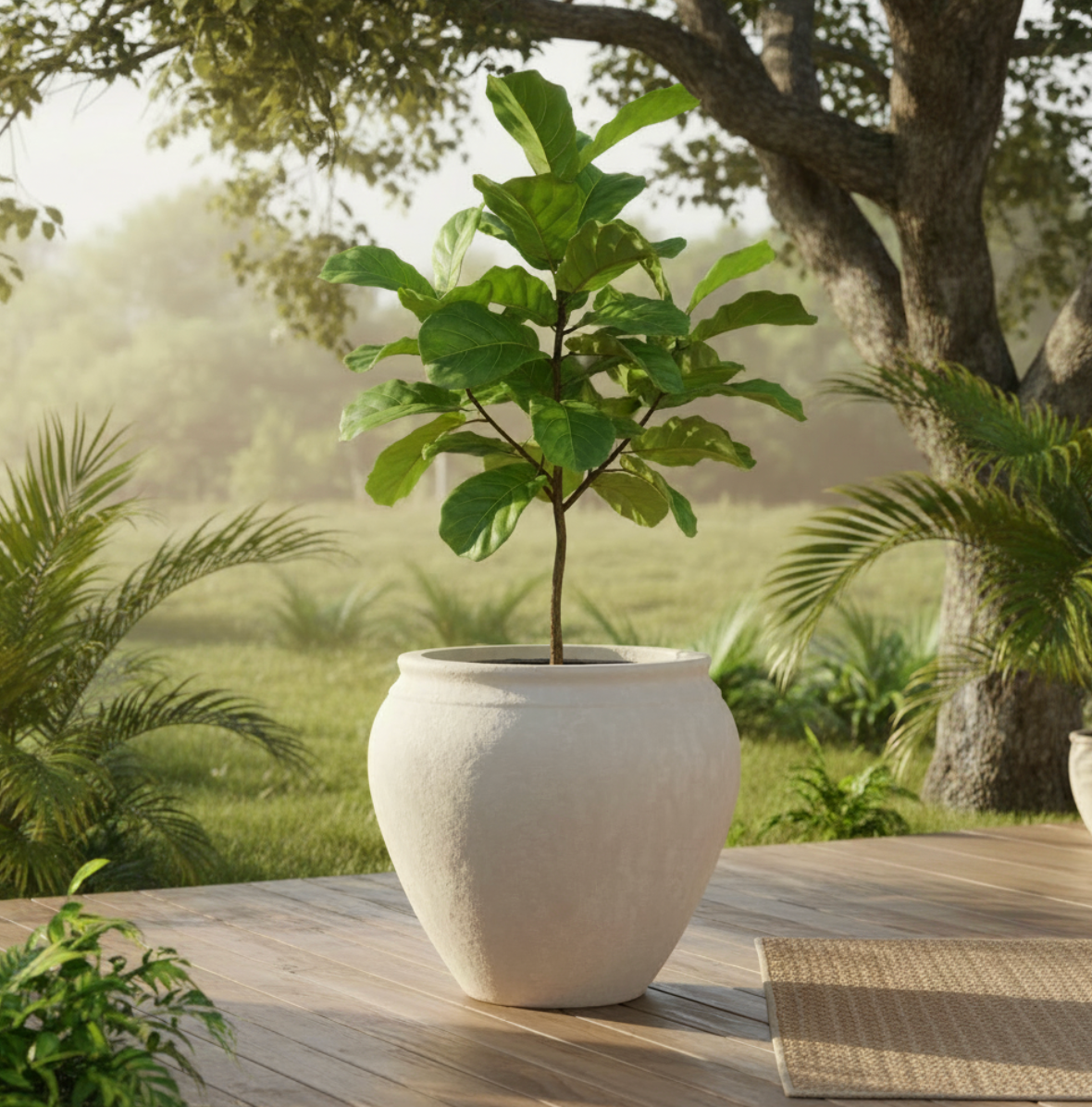 Hand-painted Round Planter French Style Linen Beige Washed 13” Tall