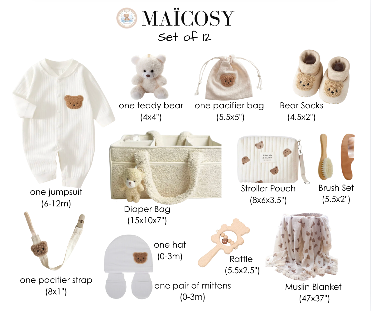 12-Piece Set "THE COZY ESSENTIALS", Cream and White Baby Set, Baby Shower, Newborn and Baby Essentials with Diaper Caddy - Bear Theme