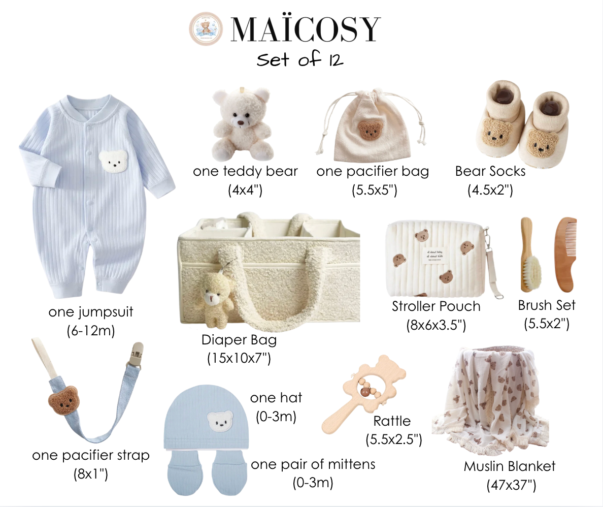 12-Piece Set "THE COZY ESSENTIALS", Cream Blue Baby Set, Baby Shower, Baby boy, Newborn and Baby Essentials, with Diaper Caddy - Bear Theme