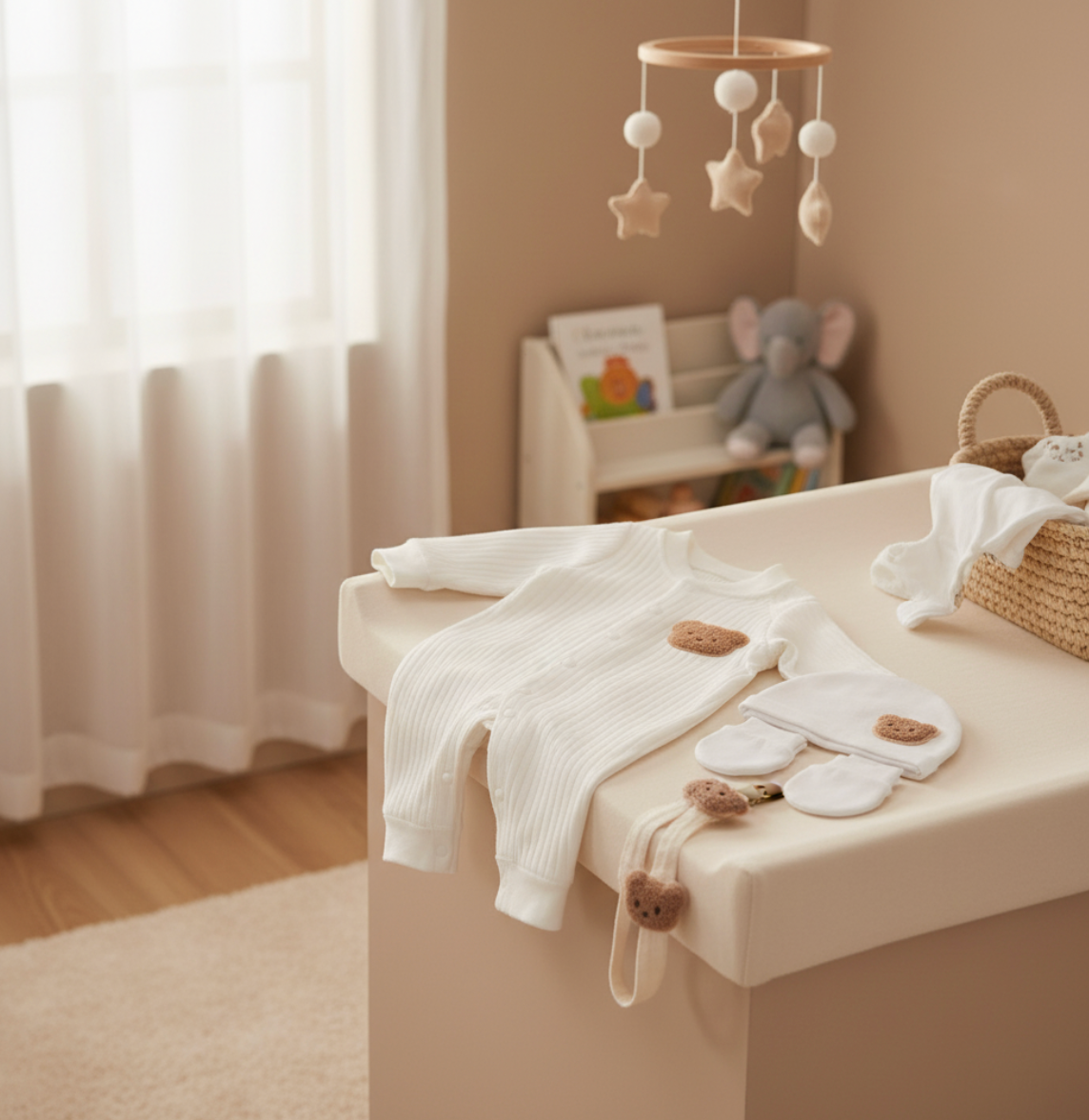 12-Piece Set "THE COZY ESSENTIALS", Cream and White Baby Set, Baby Shower, Newborn and Baby Essentials with Diaper Caddy - Bear Theme