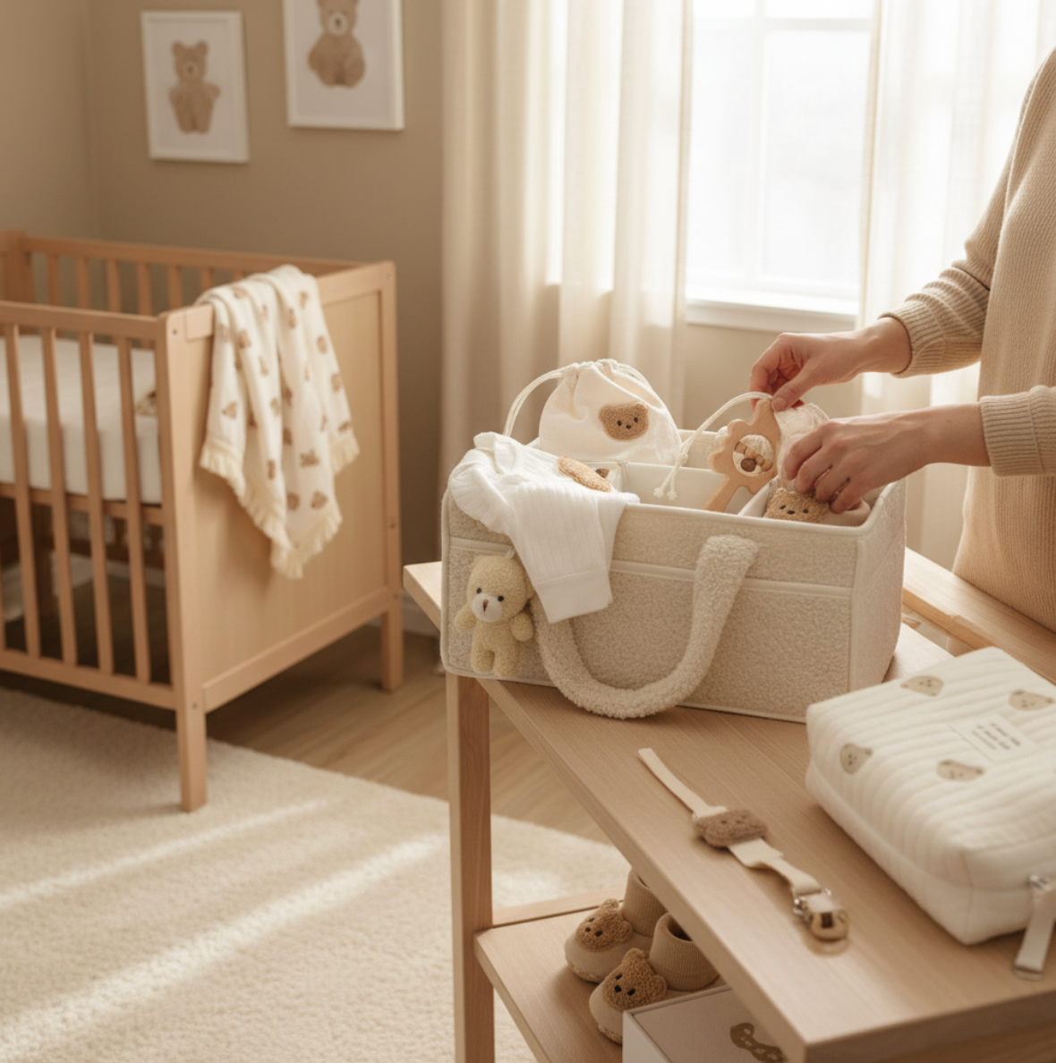 12-Piece Set "THE COZY ESSENTIALS", Cream and White Baby Set, Baby Shower, Newborn and Baby Essentials with Diaper Caddy - Bear Theme