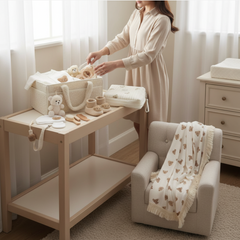 12-Piece Set "THE COZY ESSENTIALS", Cream and White Baby Set, Baby Shower, Newborn and Baby Essentials with Diaper Caddy - Bear Theme