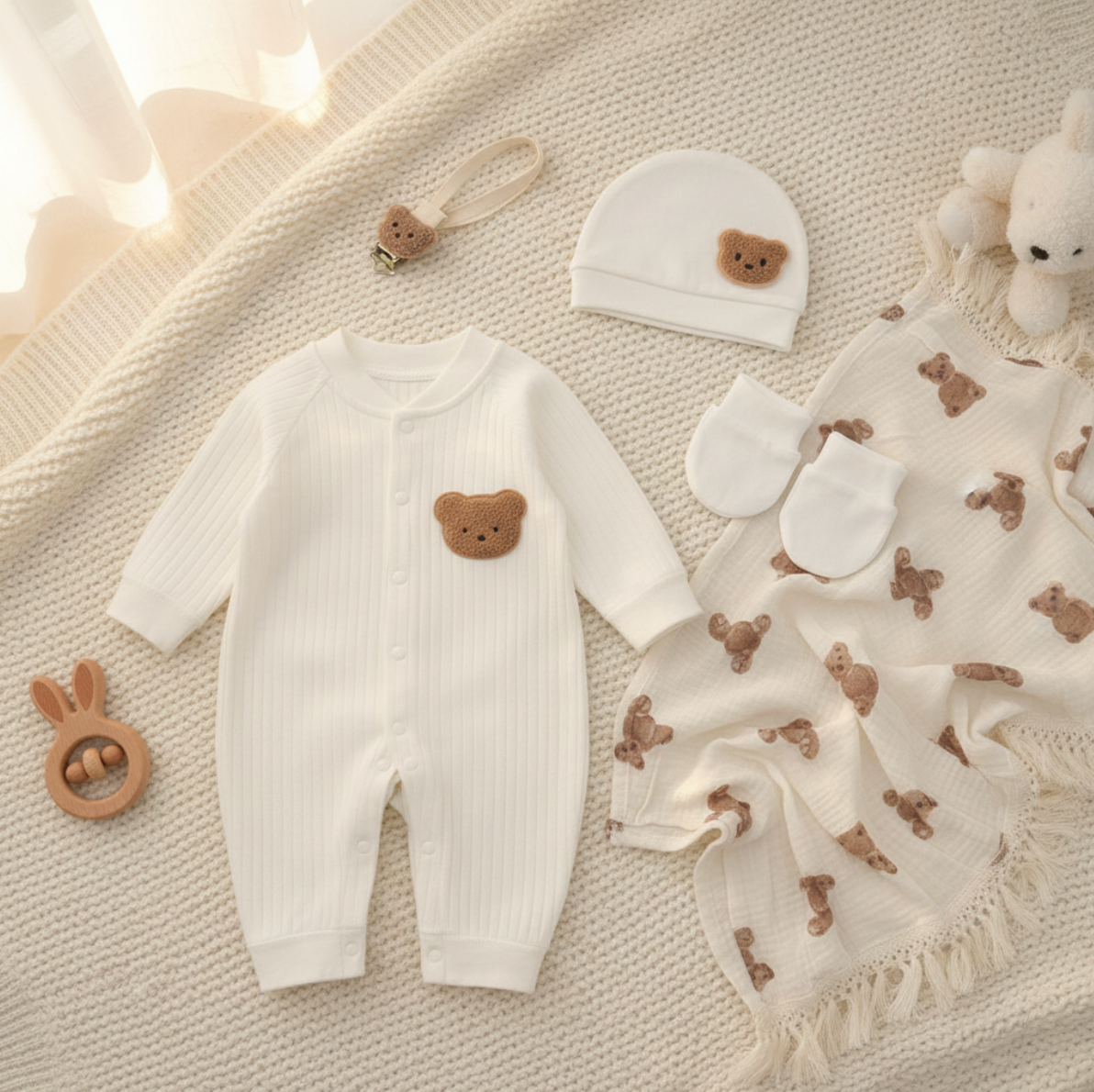 12-Piece Set "THE COZY ESSENTIALS", Cream and White Baby Set, Baby Shower, Newborn and Baby Essentials with Diaper Caddy - Bear Theme