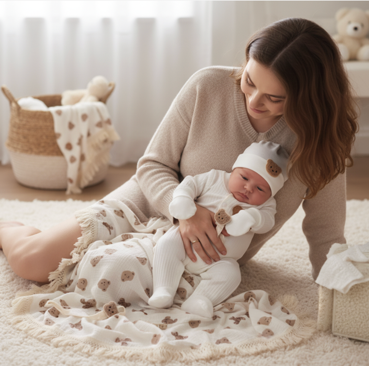 12-Piece Set "THE COZY ESSENTIALS", Cream and White Baby Set, Baby Shower, Newborn and Baby Essentials with Diaper Caddy - Bear Theme