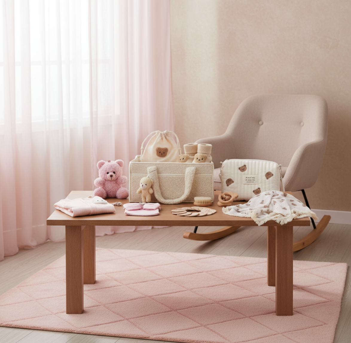 12-Piece Set "THE COZY ESSENTIALS", Cream and Pink Baby Set, Baby Shower, Newborn and Baby Essentials with Diaper Caddy - Bear Theme
