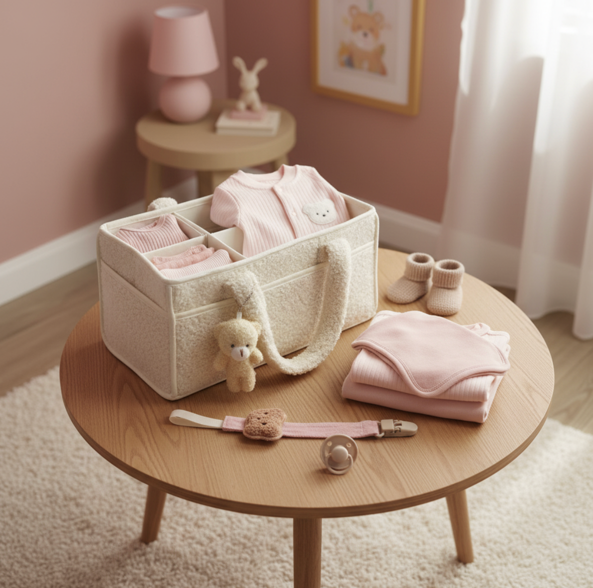 10-Piece Set "THE COZY ESSENTIALS", Pink and Cream Baby Set, Baby Shower, Newborn and Baby Essentials with Diaper Caddy - Bear Theme