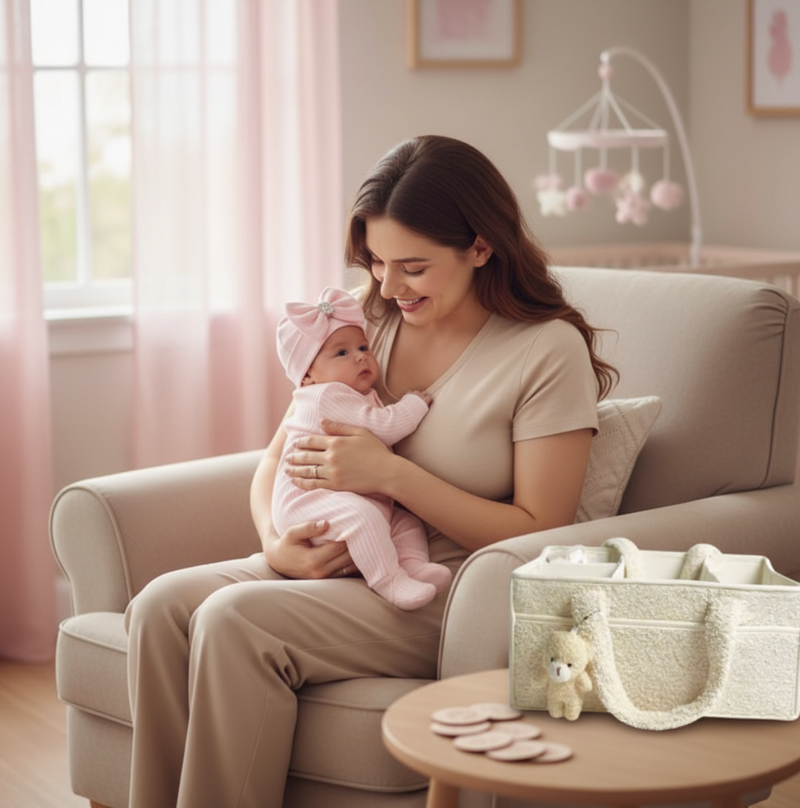 12-Piece Set "THE COZY ESSENTIALS", Cream and Pink Baby Set, Baby Shower, Newborn and Baby Essentials with Diaper Caddy - Bear Theme