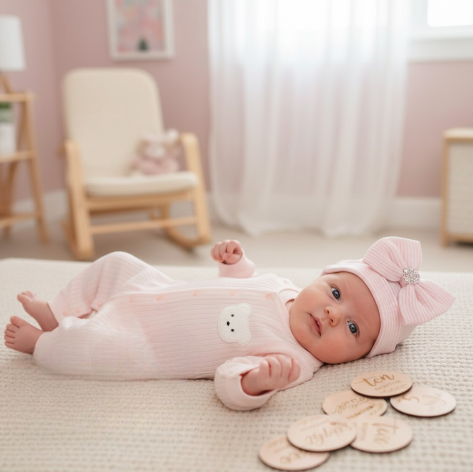 12-Piece Set "THE COZY ESSENTIALS", Cream and Pink Baby Set, Baby Shower, Newborn and Baby Essentials with Diaper Caddy - Bear Theme